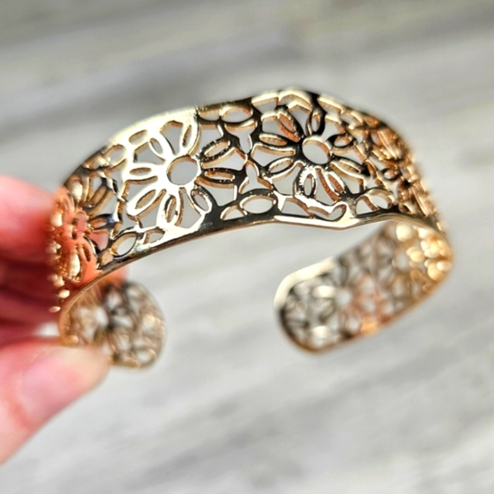 Rosette Boho Floral Laser Cut Metal Cuff Bracelet